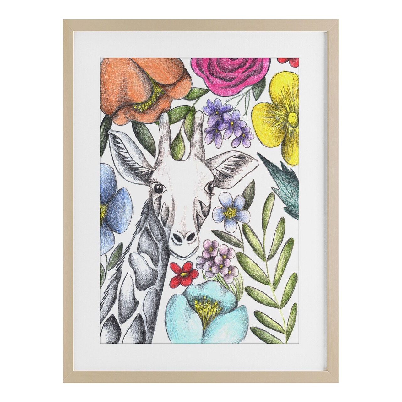 Stupell Industries Giraffe In The Midst of Flowers Framed Print Under Glass, design by Cecilia Battaini